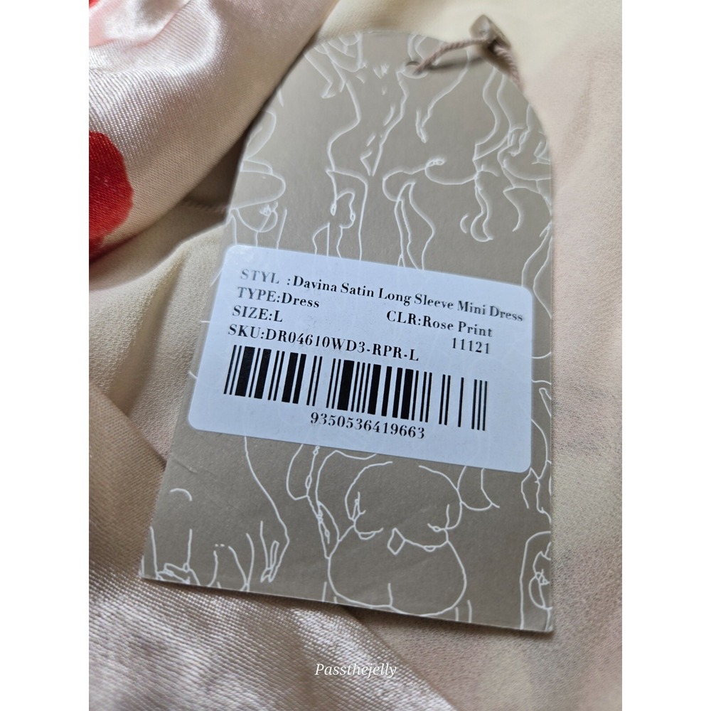 Meshki Women Dress Large Davina Satin Long Sleeve Mini Rose Print Ivory Red - Picture 3 of 12